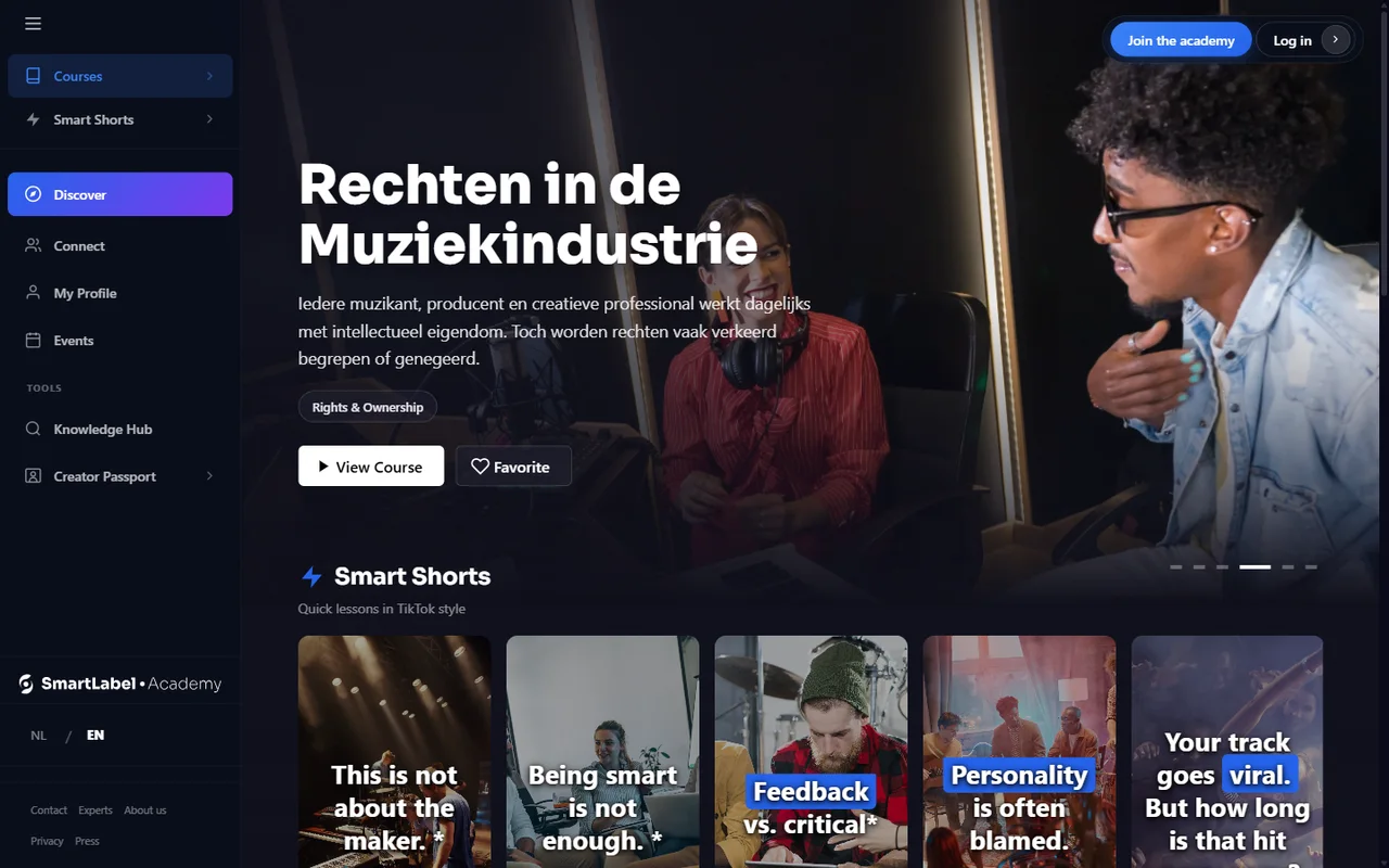 De cursuspagina van de Industry Business Academy met de cursus Rechten in de Muziekindustrie en Smart Shorts